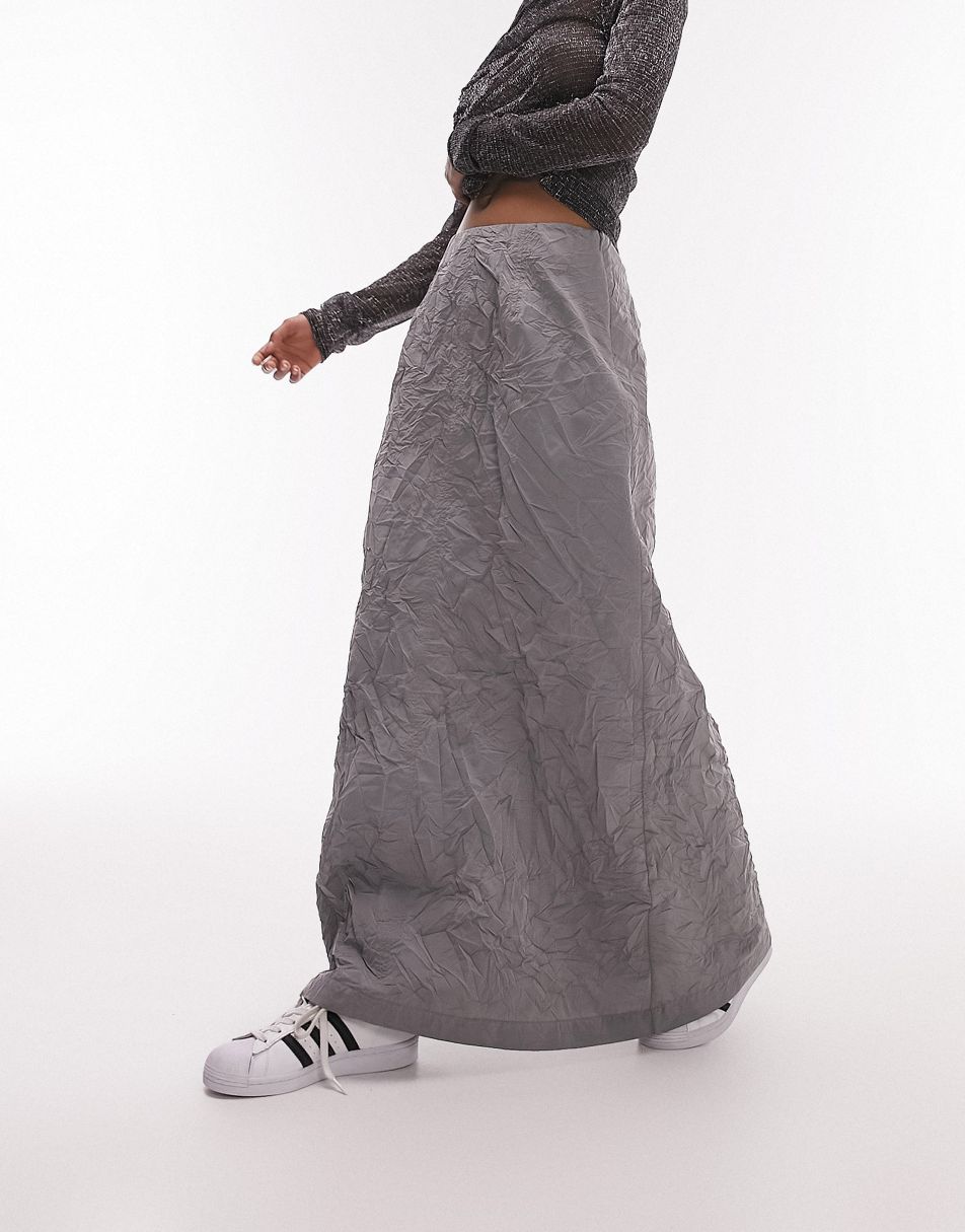 Charcoal Grey Crinkle Rib Curved Waist Maxi Skirt
