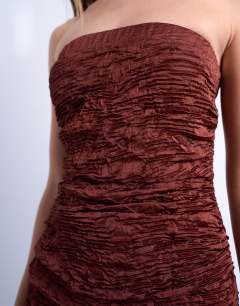 Model wearing Crinkle bandeau mini dress in brown