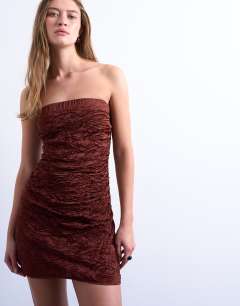 Model wearing Crinkle bandeau mini dress in brown