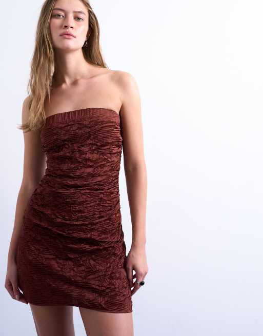 Topshop crinkle bandeau mini dress in brown, 4 of 4