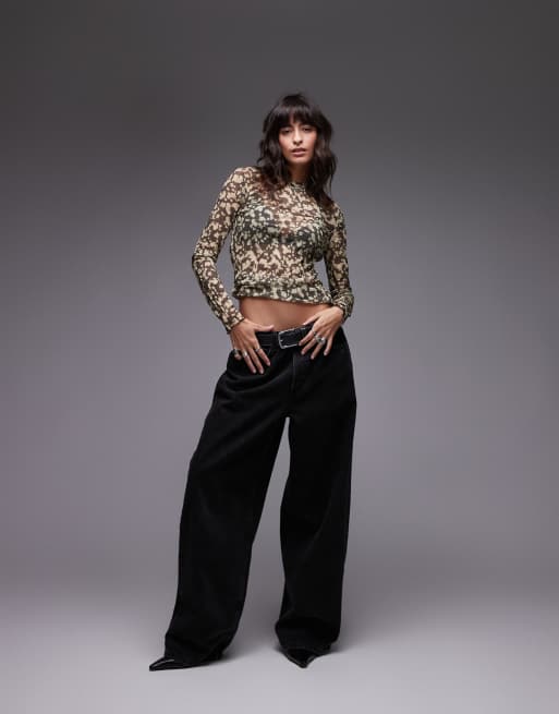 Topshop crinkle blurred abstract print long sleeve top in multi