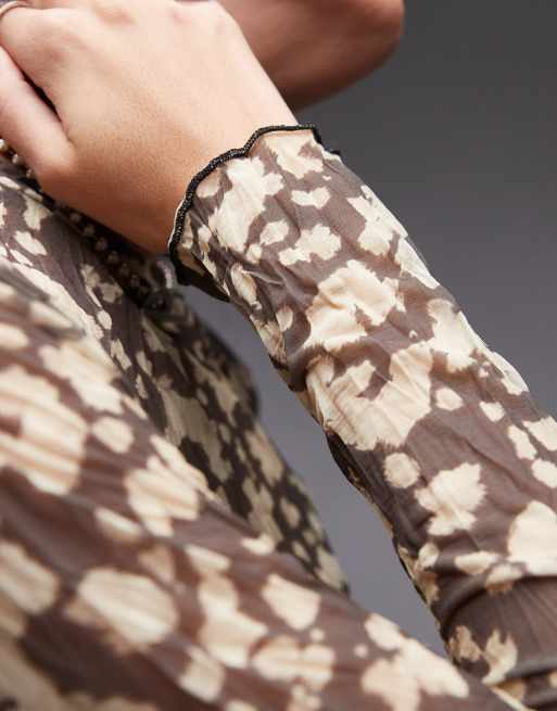 Topshop crinkle blurred abstract print long sleeve top in multi