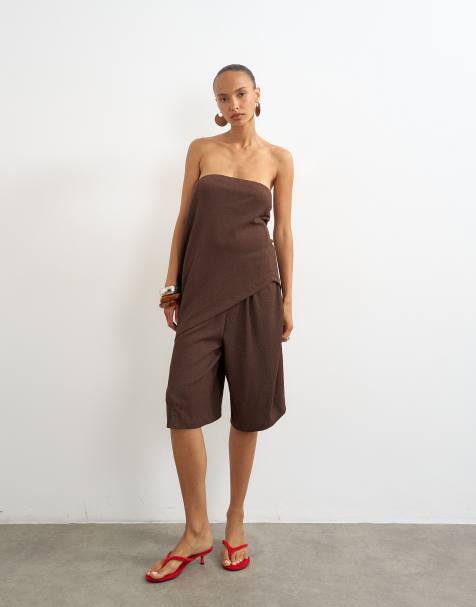 Topshop crinkle board shorts and bandeau co ord in chocolate - view 1
