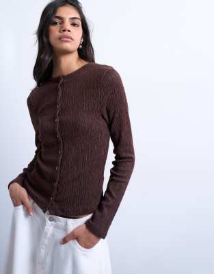 Topshop Crinkle Button Down Long Sleeve Top In Brown