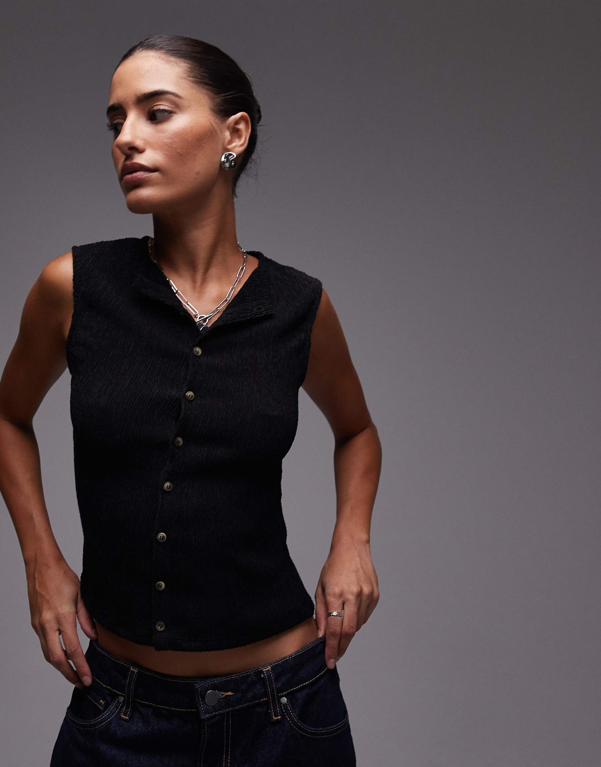 topshop crinkle button down tank in black