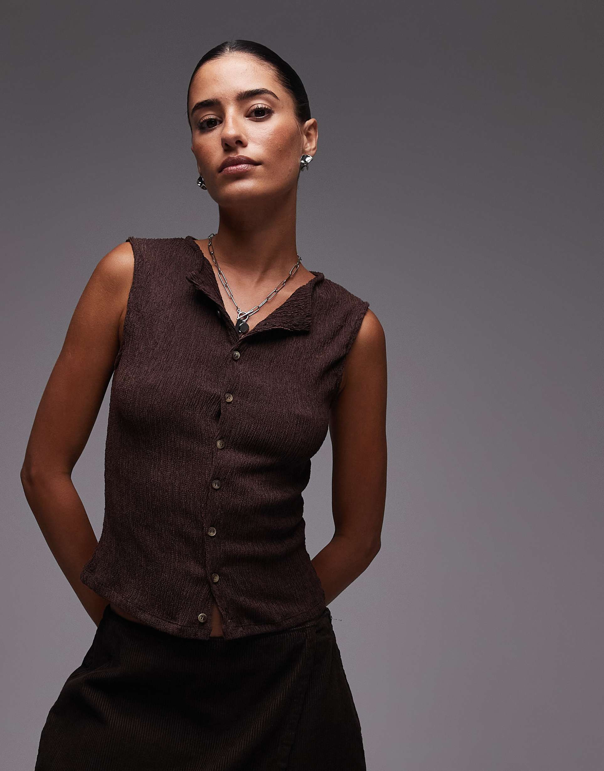 topshop crinkle button down tank top in chocolate brown