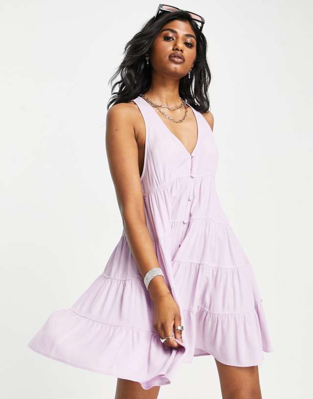 Topshop crinkle button through mini dress in lilac