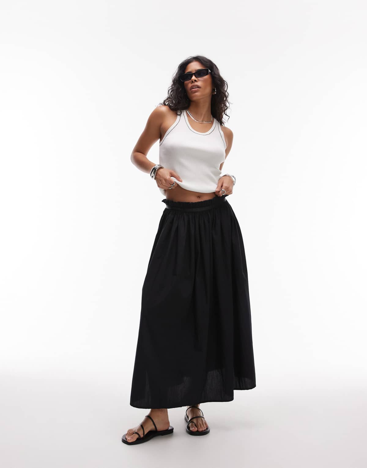 Topshop crinkle cotton laundered full skirt in black
