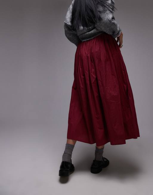 Topshop crinkle cotton laundered full skirt in burgundy, 3 of 5