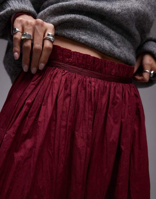 Topshop crinkle cotton laundered full skirt in burgundy