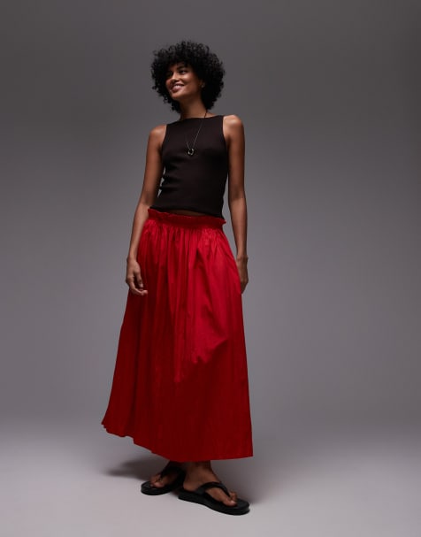 Topshop crinkle cotton laundered full skirt in red - view 1