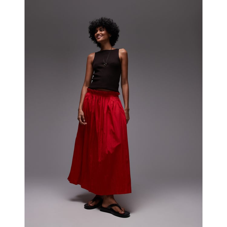 スカート RED COTTON SKIRT Topshop crinkle cotton laundered full skirt in red | ASOS