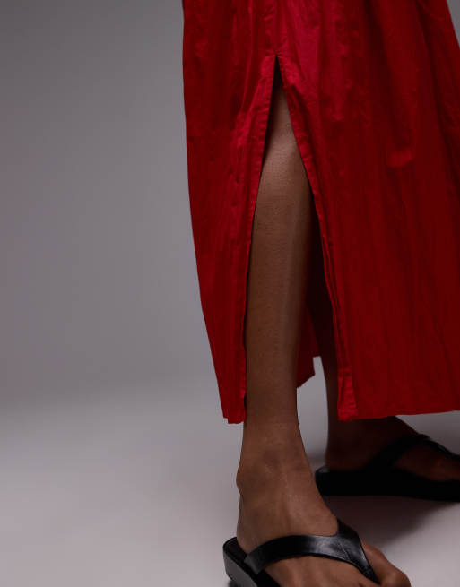 Topshop crinkle cotton laundered full skirt in red