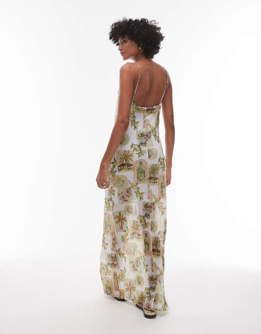 Topshop crinkle cowl neck post card floral print maxi dress