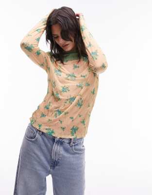Topshop crinkle ditsy placement high neck long sleeve top in peach - view 1