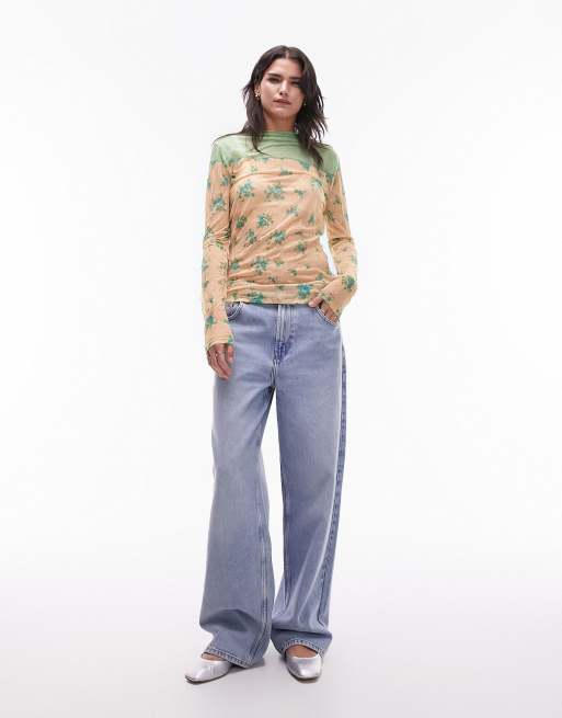 Topshop crinkle ditsy placement high neck long sleeve top in peach