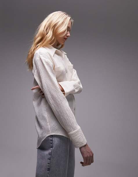 Topshop crinkle double pocket shirt in ivory - view 1