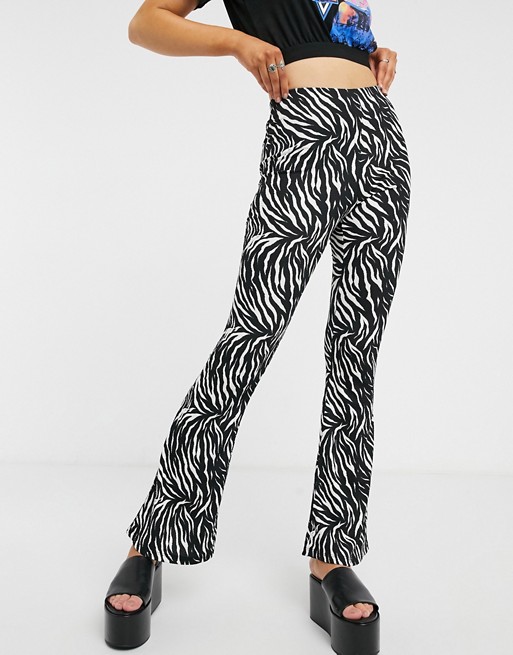 Topshop crinkle flare trousers in zebra print