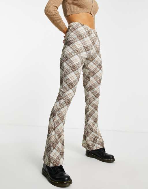 Topshop crinkle flared pants in neutral check print
