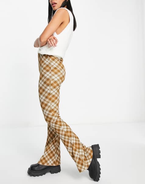 Topshop crinkle flared trouser in brown check print