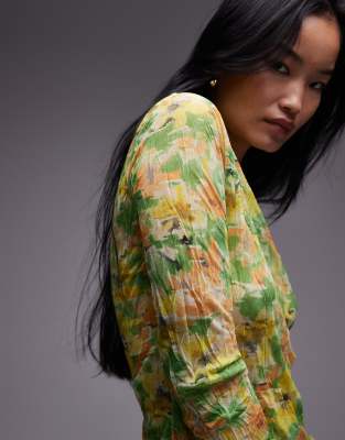 Topshop crinkle floral long sleeve top in green