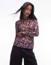 Topshop floral print crinkle mesh long sleeve top in blue