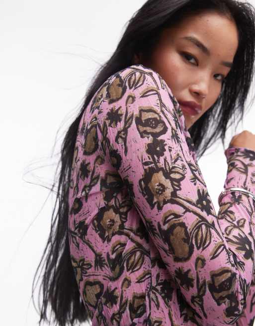 Topshop crinkle floral long sleeve top in pink