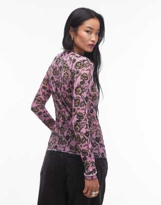 Topshop crinkle floral long sleeve top in pink