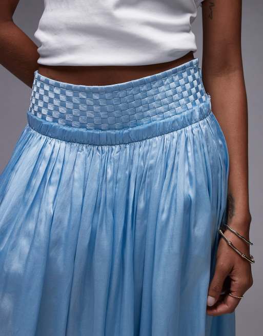 Topshop crinkle full skirt with sheen in pale blue