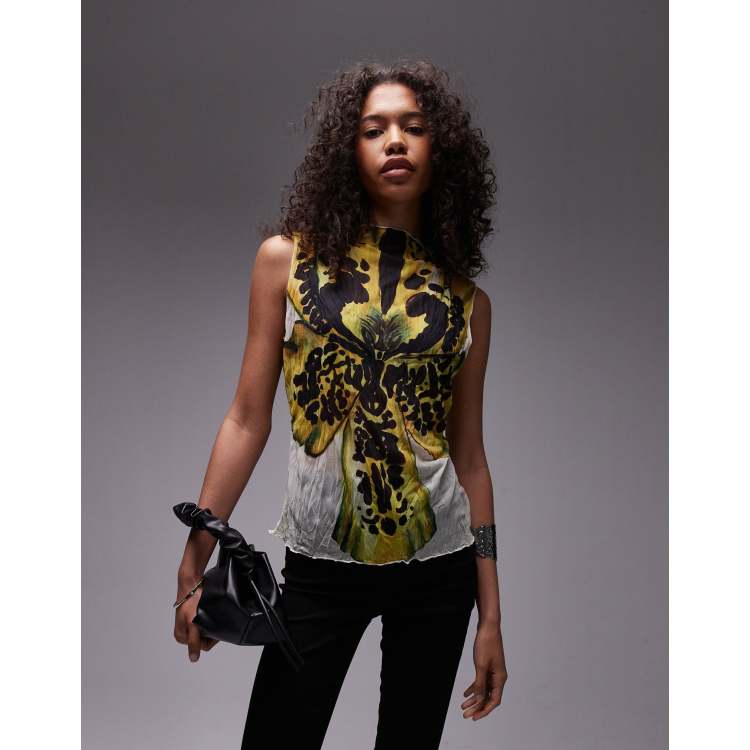 Topshop crinkle graphic floral sleeveless top in yellow | ASOS