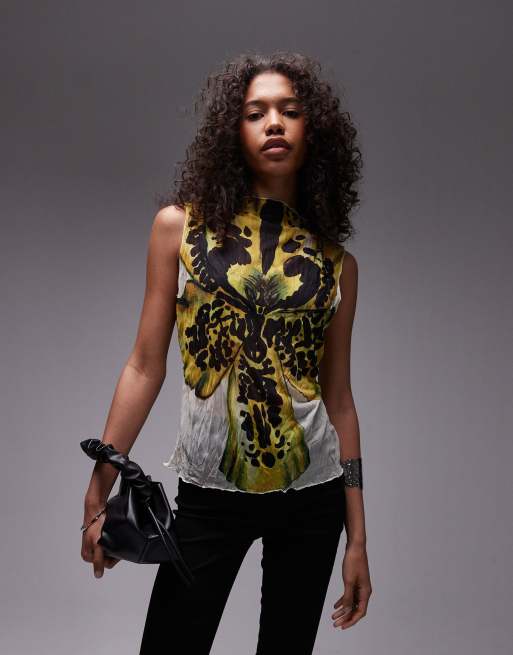 Topshop crinkle graphic floral sleeveless top in yellow