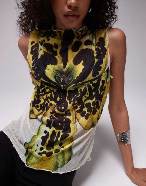 Yellow floral sleeveless top sales