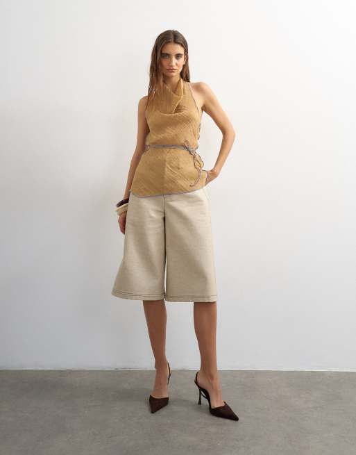 Topshop crinkle halter top with contrast trim in taupe, 2 of 4