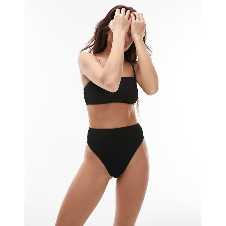 Topshop crinkle high leg high waist bikini bottom in black ASOS