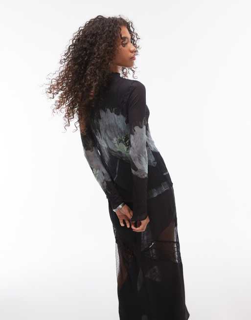 Topshop crinkle high neck blurred floral long sleeve top in black