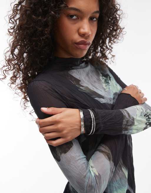Topshop crinkle high neck blurred floral long sleeve top in black