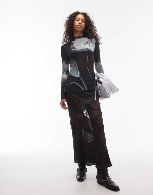 Topshop crinkle high neck blurred floral long sleeve top in black