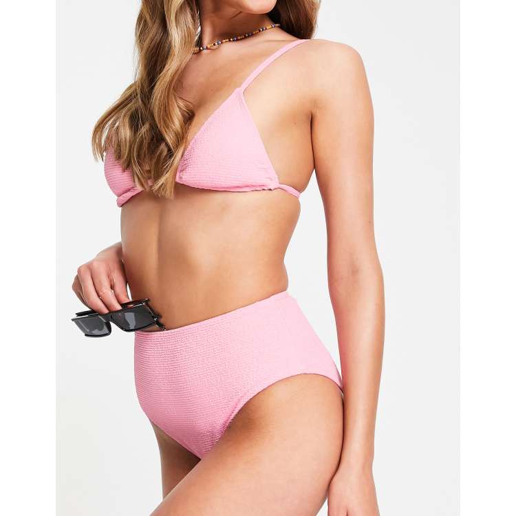 Topshop crinkle high waist bikini bottom in pink | ASOS