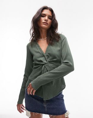 Topshop crinkle knot front top in khaki