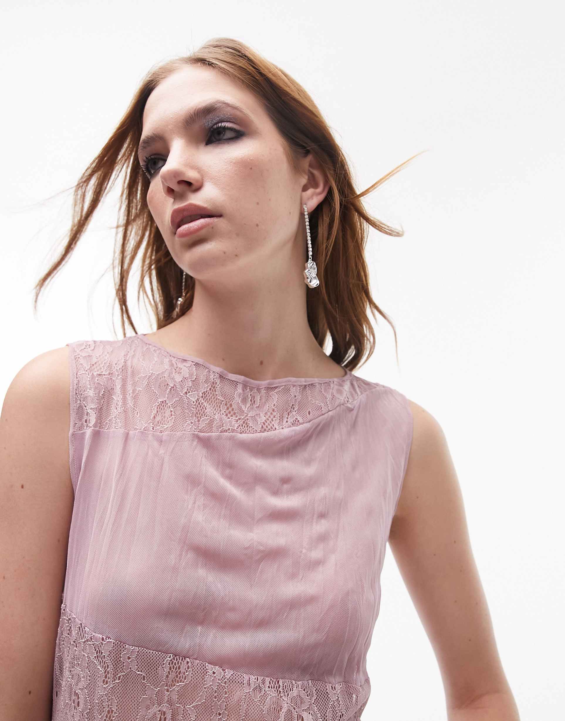 topshop crinkle lace cap sleeve top in pink