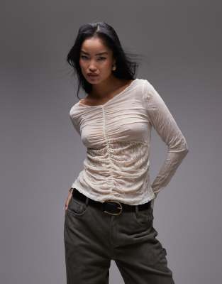Topshop crinkle lace mix long sleeve top in ecru - view 1