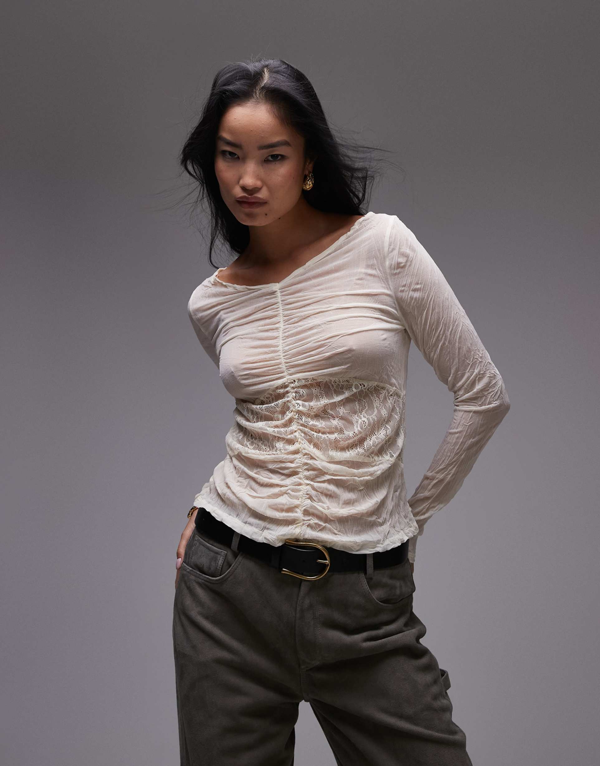 topshop crinkle lace mix long sleeve top in ecru