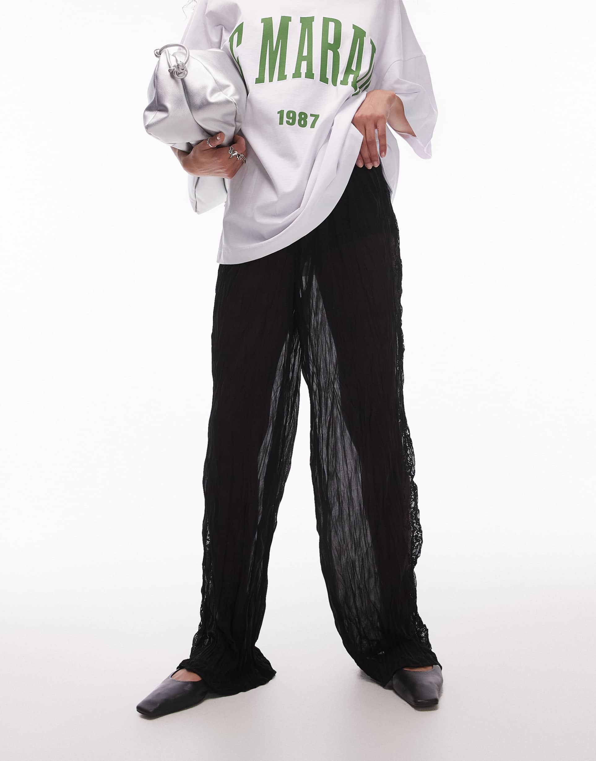 topshop crinkle lace mix wide leg pants in black