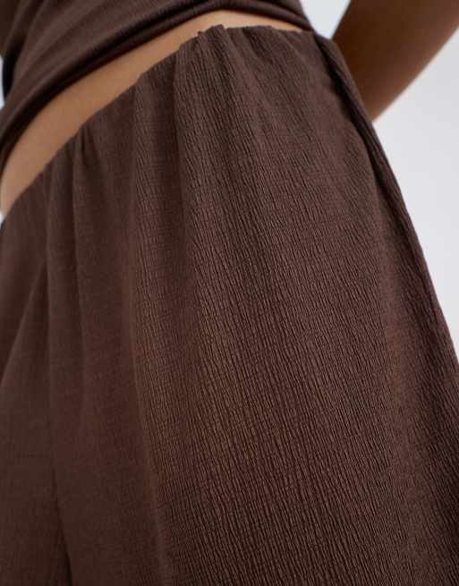Topshop crinkle long line board shorts in chocolate, 3 of 5