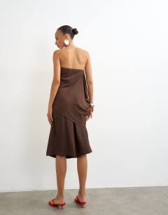 Model wearing Crinkle long line board shorts in chocolate