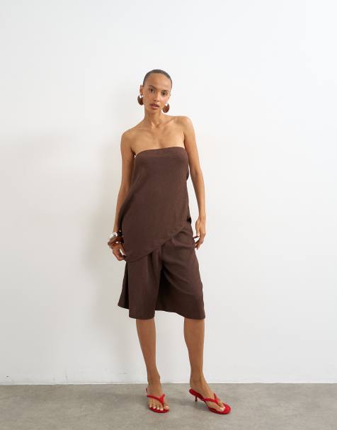 Topshop crinkle longline board shorts in chocolate - view 1