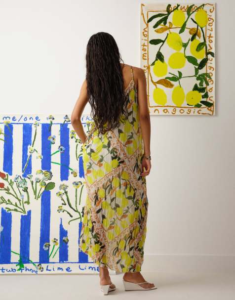 Topshop crinkle mesh Bradley.B lemon print maxi dress in multi - view 1