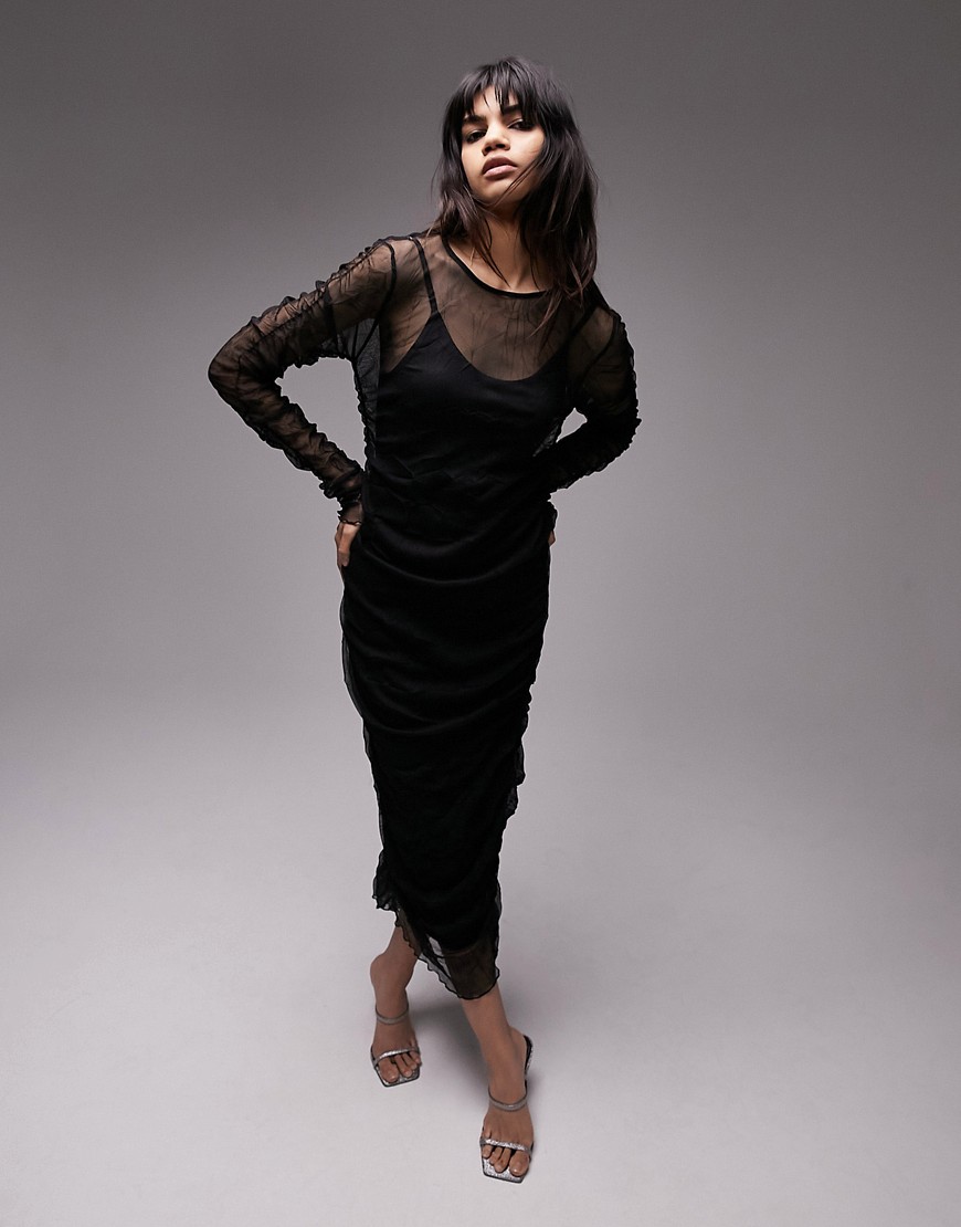 Topshop crinkle mesh midi dress with ruching in black