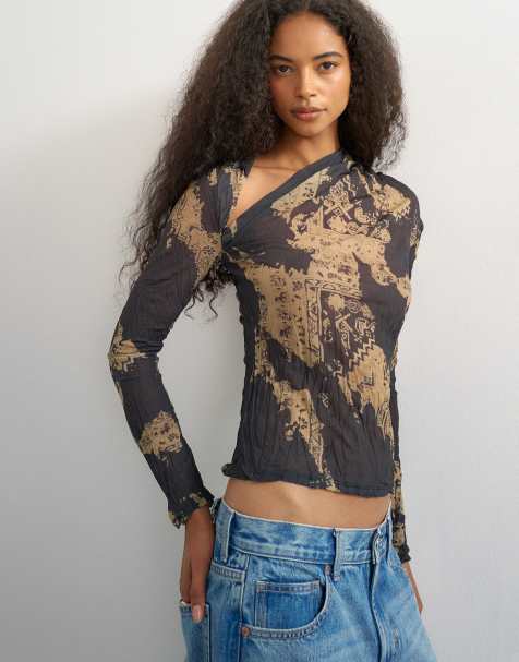 Topshop crinkle mesh print asymmetric neck long sleeve top in black - view 1