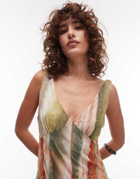 Topshop crinkle mesh print v neck flippy mini dress in multi - view 2